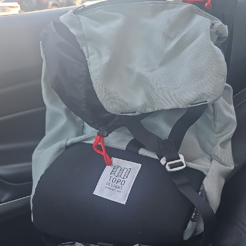 Topo Designs Men's Sage Green and Black Backpack with Red Accent